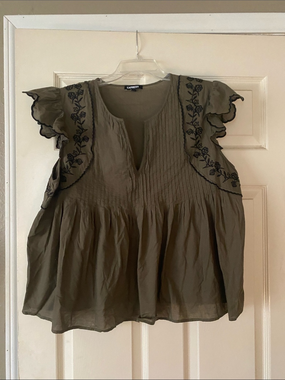 Express Olive Embroidered Ruffle Sleeve Top